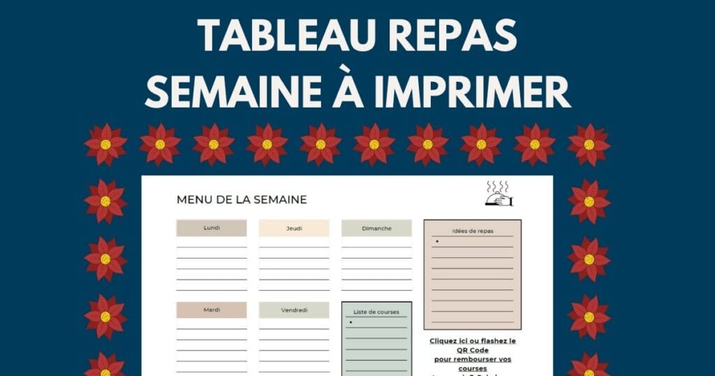 Illustration d'un tableau repas hebdomadaire imprimé, entouré de légumes frais et d'une calculatrice, symbolisant la planification des repas et l'économie de budget.